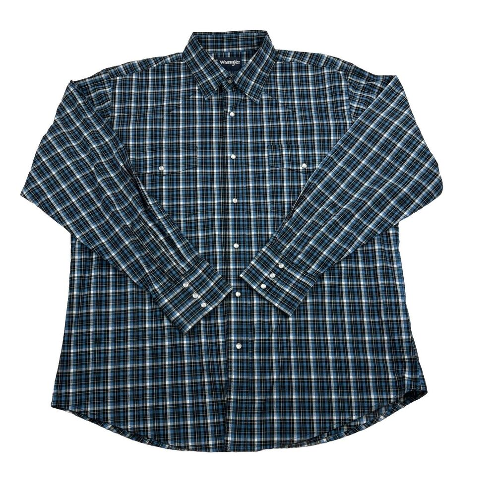 Vintage Wrangler Western Pearl Snap Shirt Mens XL Blue Plaid Long Sleeve Pockets